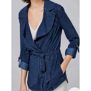 WHBM 0 Denim Lyocell Soft Jacket Tie Belted Waist Roll Tab Sleeves Indigo Blue
